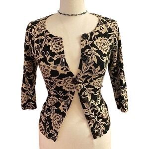 Designers Originals Womens Black Tan Floral Lace Print Cardigan Sweater Small